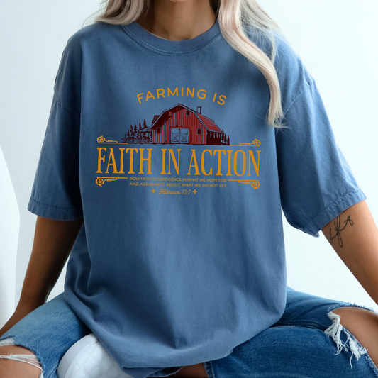 Farming by faith Comfort Color graphic t-shirt, Religious top