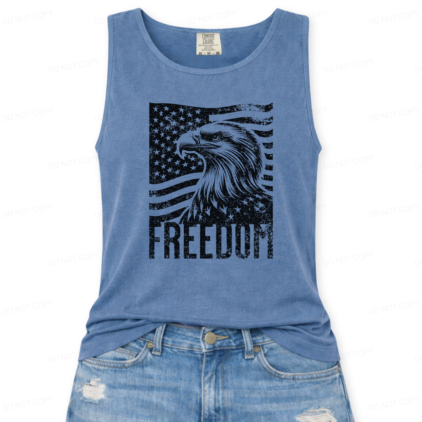 Blue tank top with eagle and 'Freedom' graphic on a white background