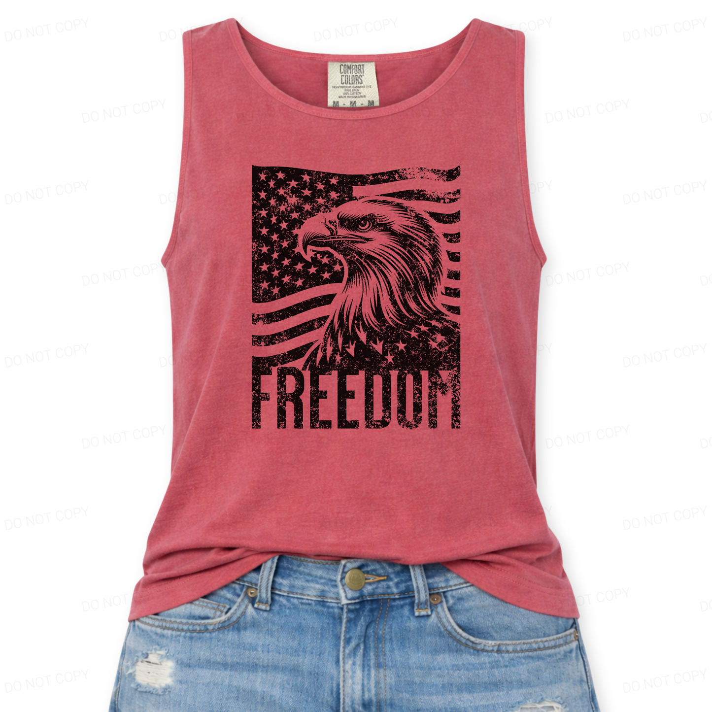 Red tank top with eagle and American flag graphic and 'Freedom' text on a white background