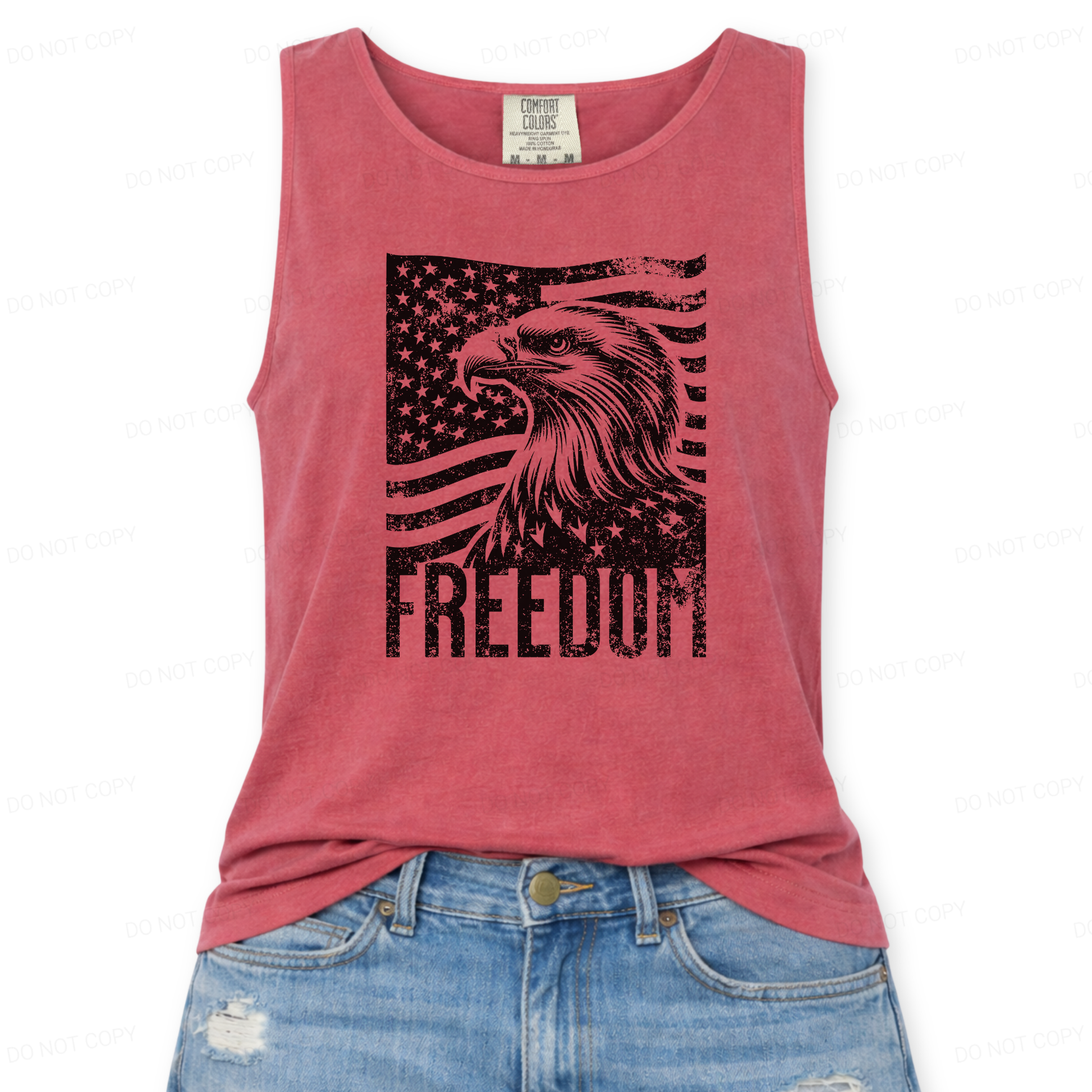 Red tank top with eagle and American flag graphic and 'Freedom' text on a white background