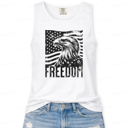 White tank top with eagle and American flag design on a white background