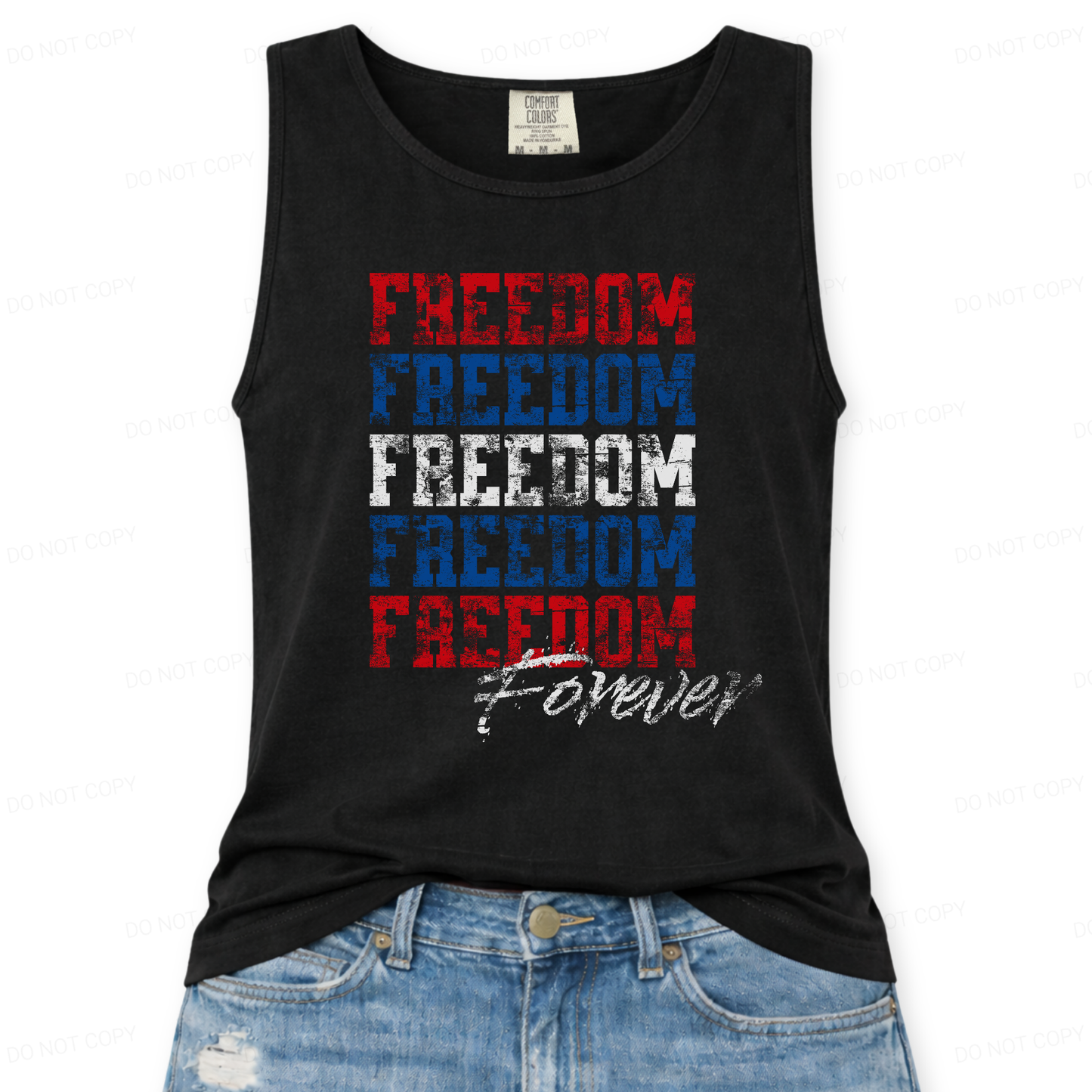 black tank top with 'Freedom Forever' text on a white background