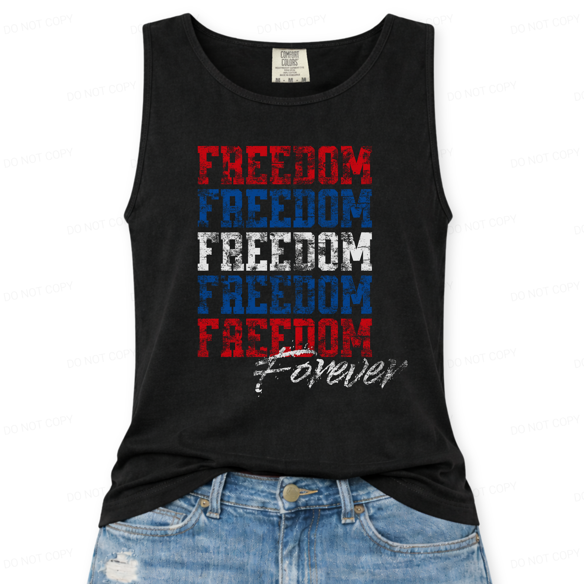 black tank top with 'Freedom Forever' text on a white background
