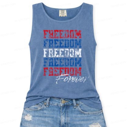Blue tank top with 'Freedom Forever' text on a white background