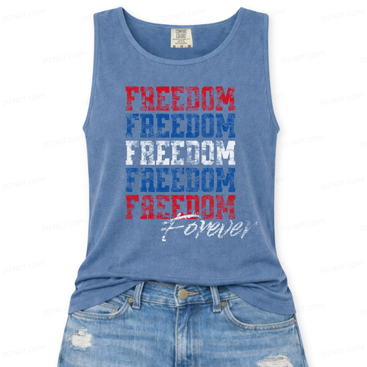 Blue tank top with 'Freedom Forever' text on a white background