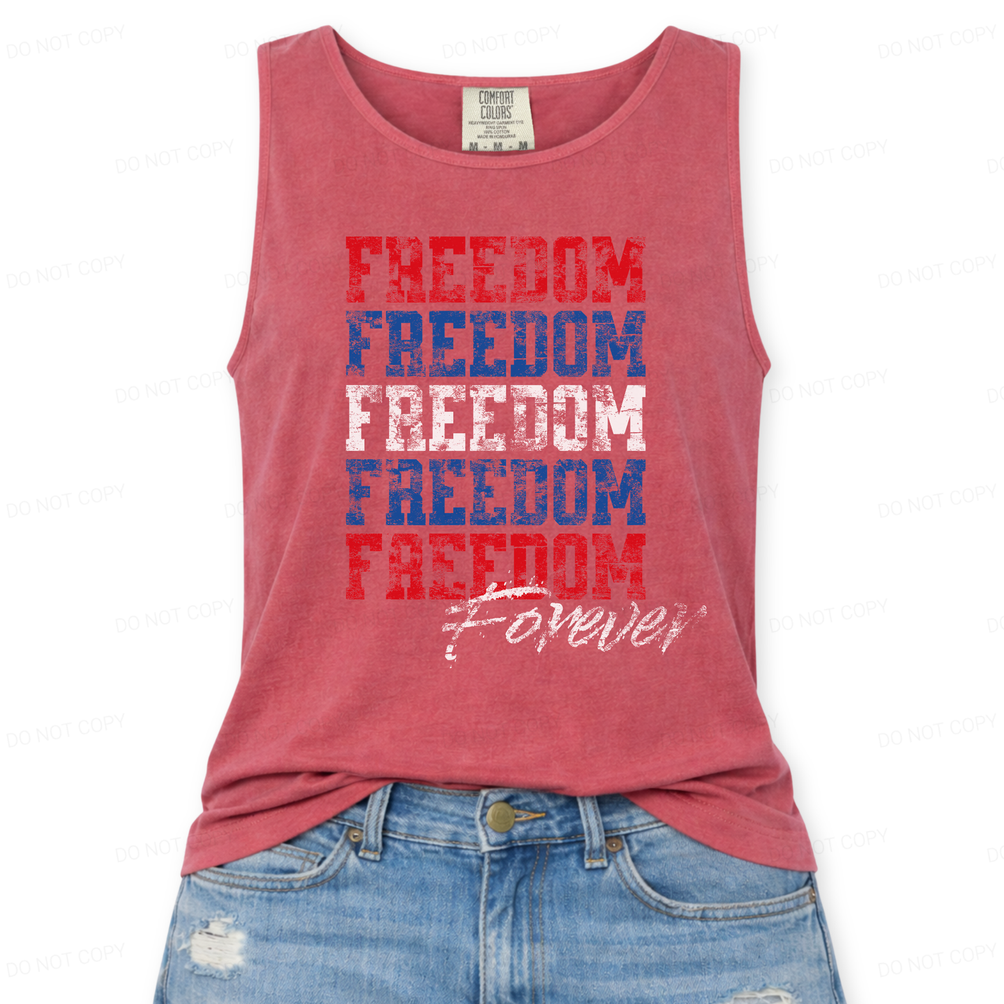 crimson red tank top with 'Freedom Forever' text on a white background