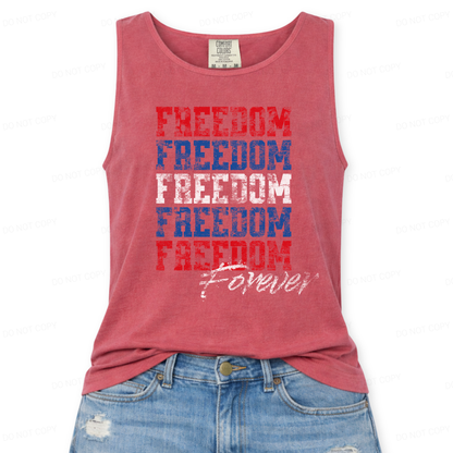 crimson red tank top with 'Freedom Forever' text on a white background