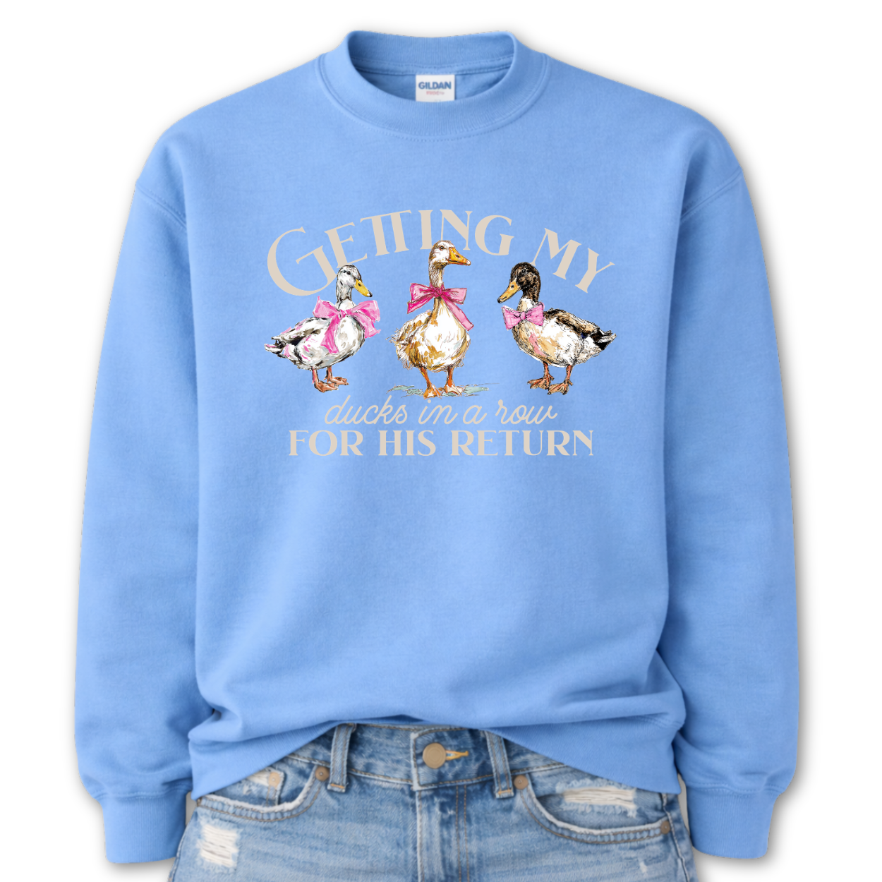 Columbia Blue Whimsical faith-based Easter graphic on a Gildan crewneck sweatshirt. The design features three hand-drawn ducks wearing pink bows, paired with the phrase “Getting My Ducks In A Row For His Return” in a soft, layered layout. The illustration style feels watercolor/sketch-inspired with gentle spring color tones.