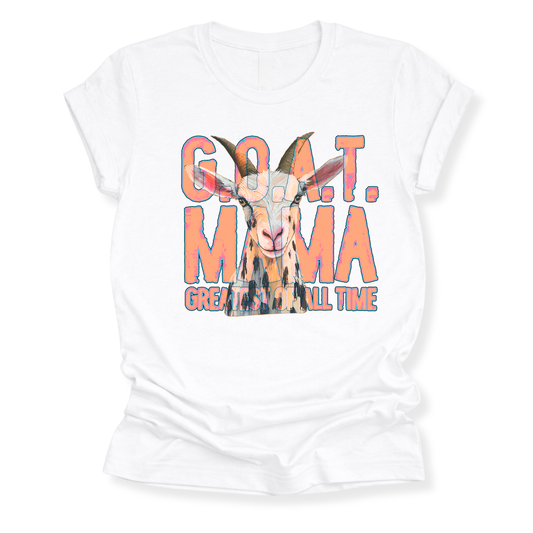 White t-shirt with a graphic of a goat and text 'G.O.A.T. MAMA GREAT ALL TIME' on a white background