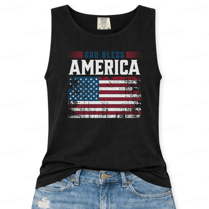 Black tank top with 'God Bless America' and American flag design on a white background