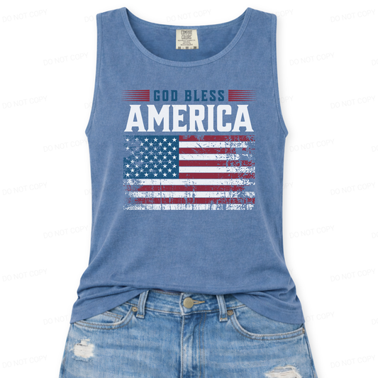 Blue tank top with 'God Bless America' and American flag design on a white background