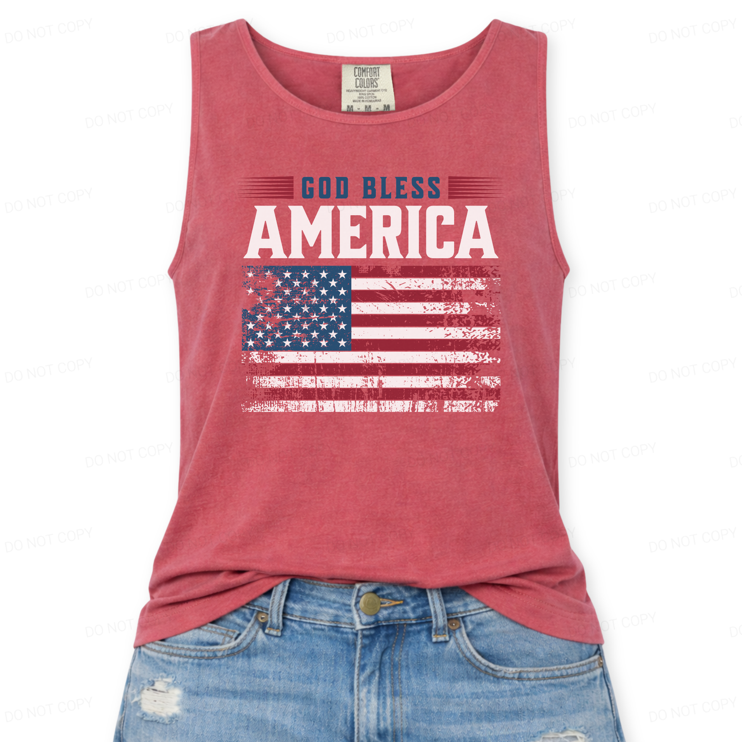 Red tank top with 'God Bless America' and American flag design on a white background