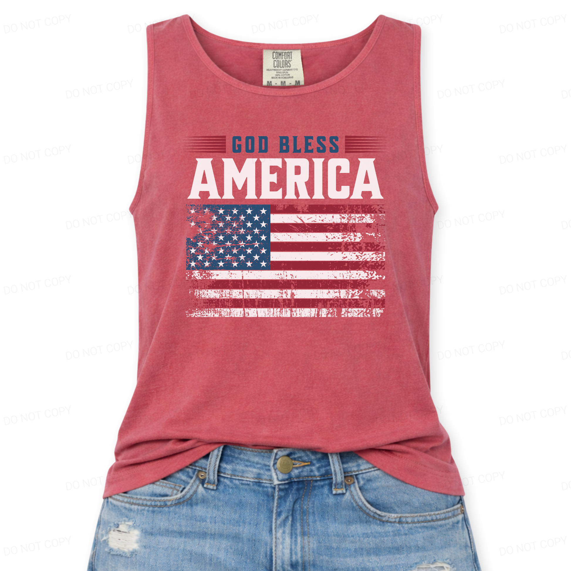 Red tank top with 'God Bless America' and American flag design on a white background