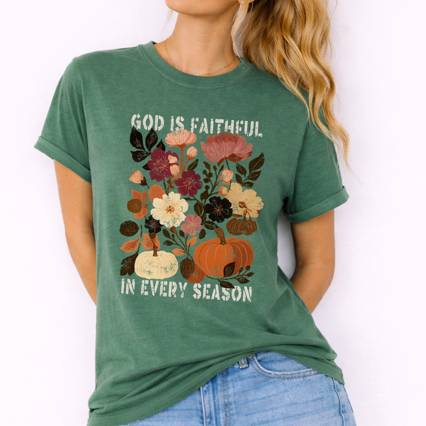 God Is Faithful Floral Pumpkin Graphic T-Shirt | Fall Season