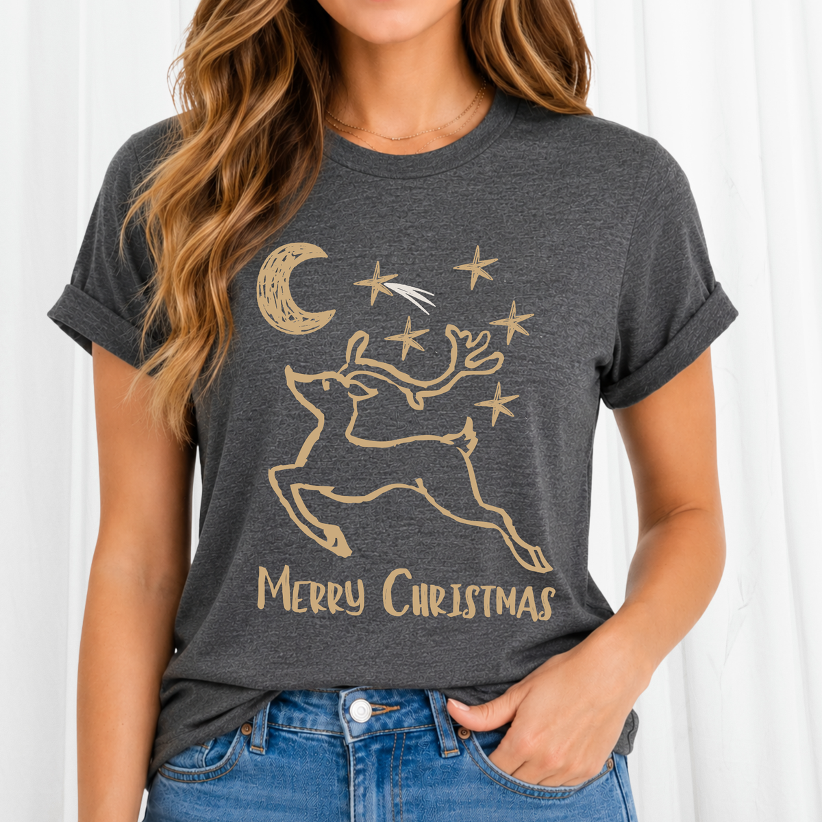 Vintage Gold Doodle Art Reindeer Christmas Graphic on a dark heather gray  tee