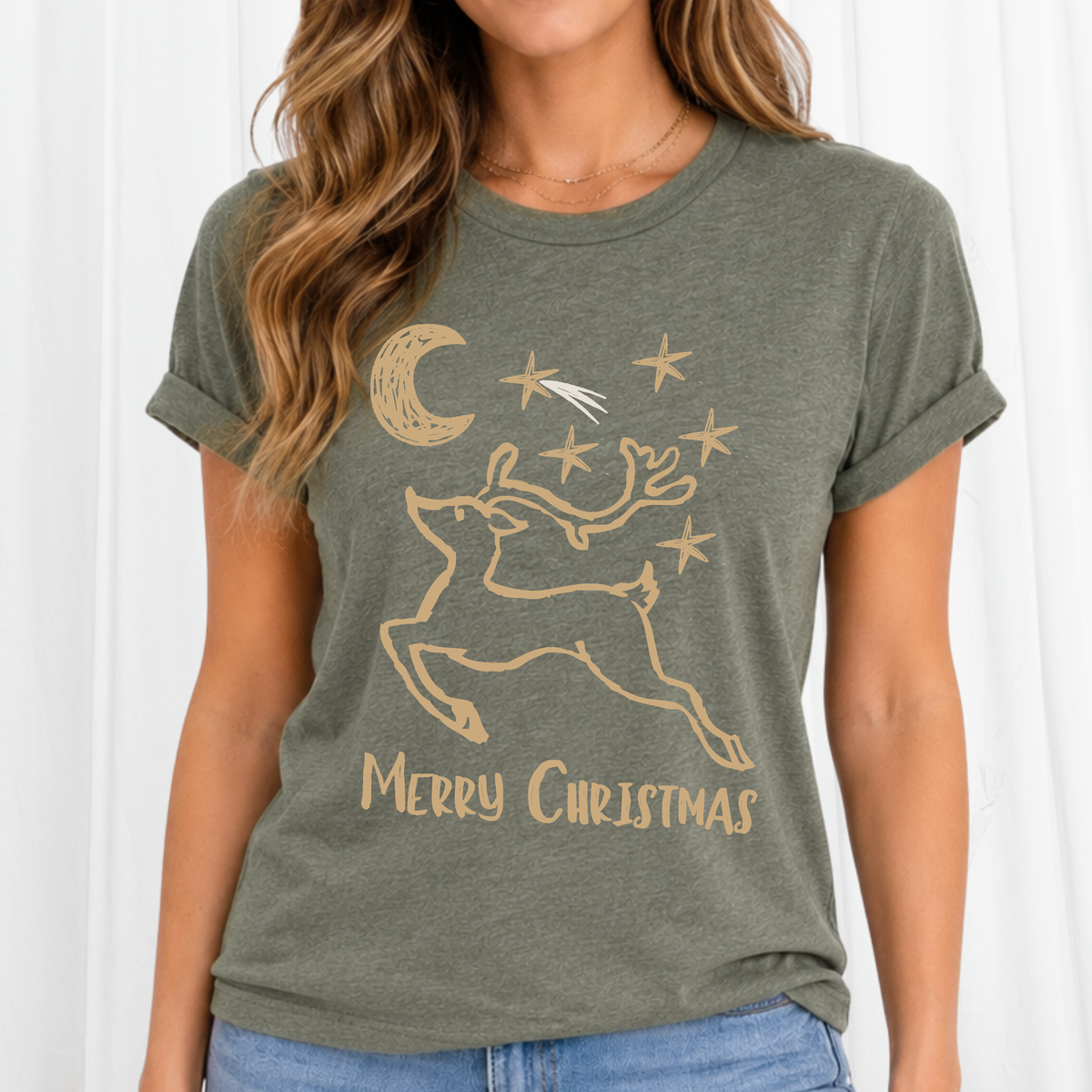Vintage Gold Doodle Art Reindeer Christmas Graphic Unisex Tee