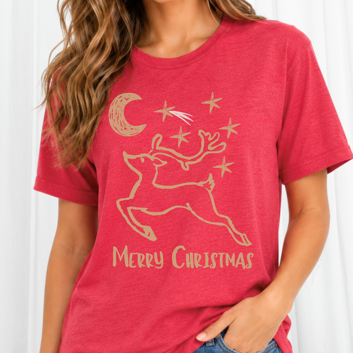Vintage Gold Doodle Art Reindeer Christmas Graphic on a heather red tee