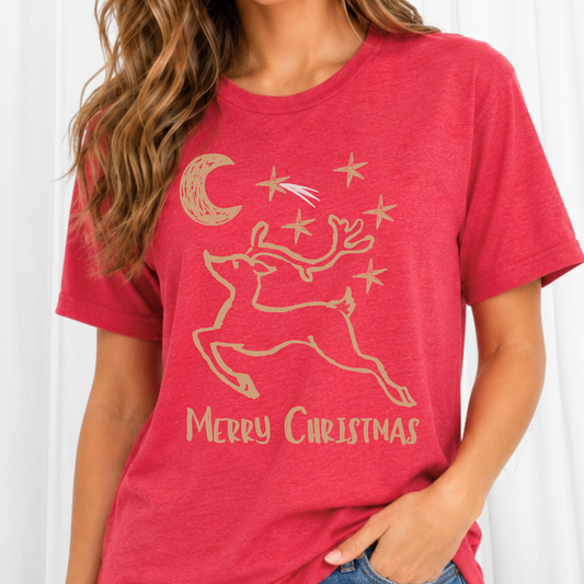Vintage Gold Doodle Art Reindeer Christmas Graphic on a heather red tee