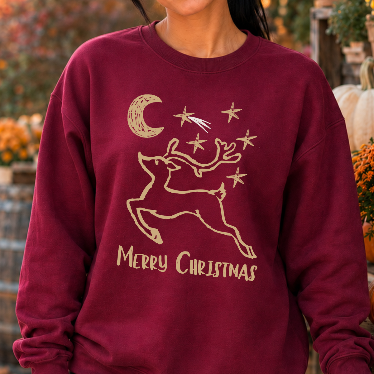 A vintage-inspired reindeer design with stars, a crescent moon, and a simple Merry Christmas message on a maroon sweatshirt