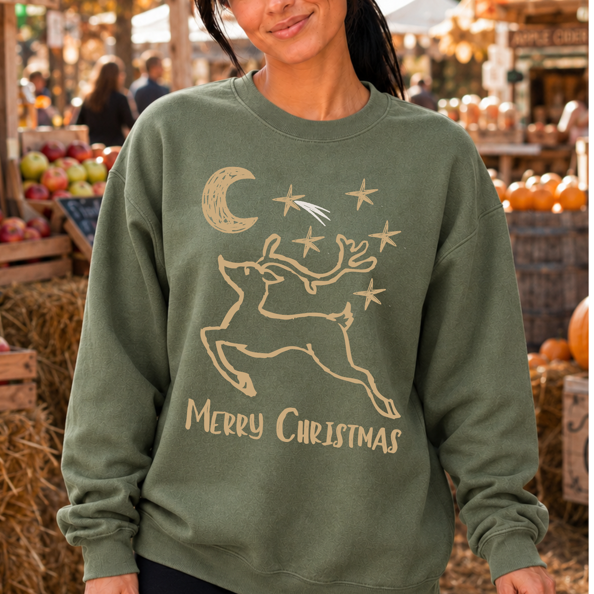 Merry Christmas Gold Reindeer Holiday Graphic Sweatshirt