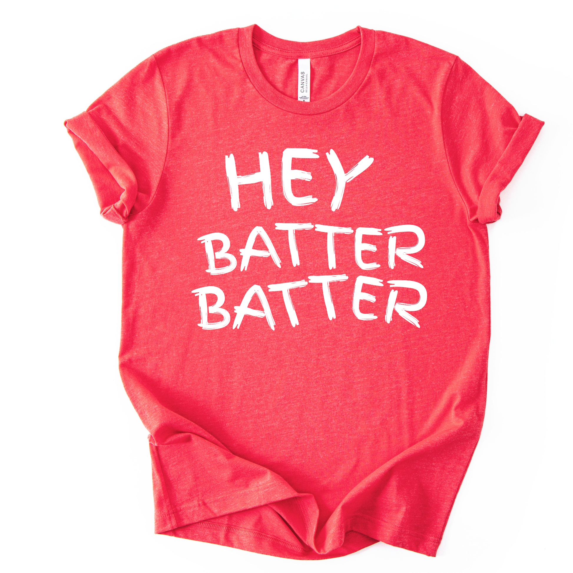 Red t-shirt with 'HEY BATTER BATTER' text on a white background