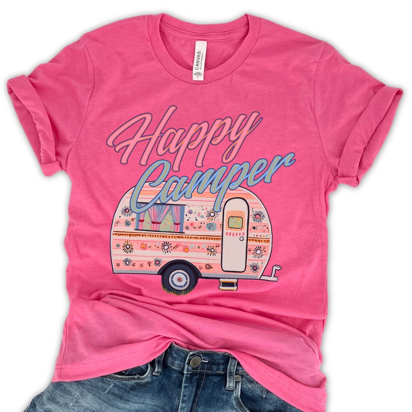 pink "Happy Camper" featuring floral camper graphic on a premium soft Bella Canvas Unisex tee.&nbsp;