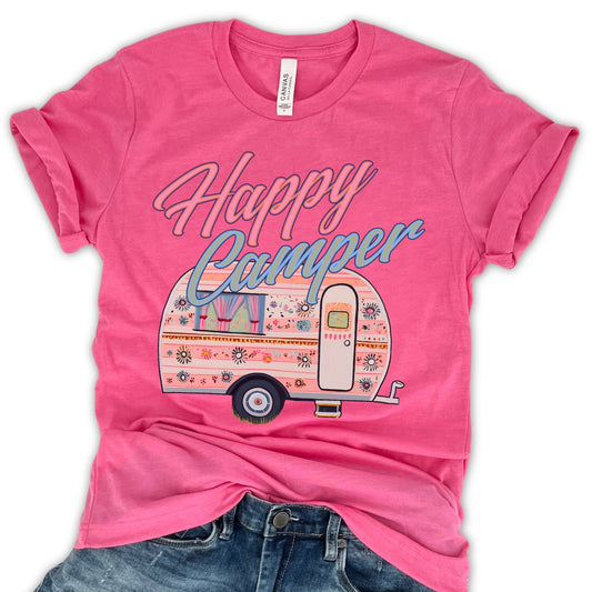 pink "Happy Camper" featuring floral camper graphic on a premium soft Bella Canvas Unisex tee.&nbsp;