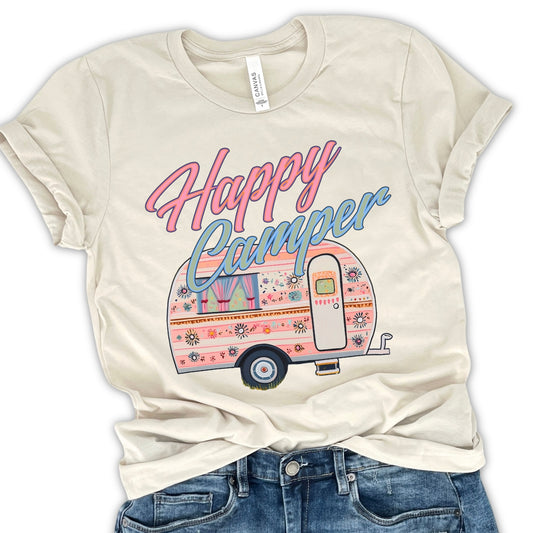 tan "Happy Camper" featuring floral camper graphic on a premium soft Bella Canvas Unisex tee.&nbsp;