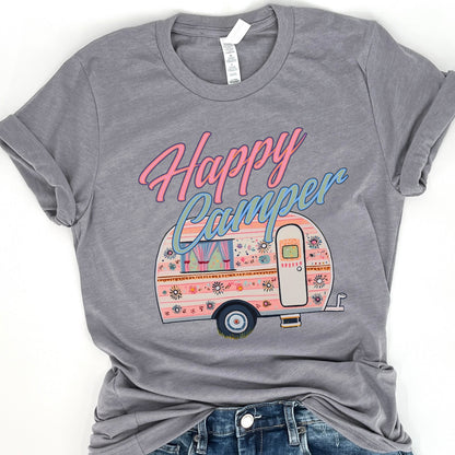 heather storm "Happy Camper" featuring floral camper graphic on a premium soft Bella Canvas Unisex tee.&nbsp;