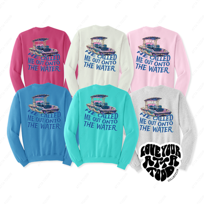 Set of colorful sweatshirts with a boat graphic and text on a white background.  He called me out onto the water bible scripture