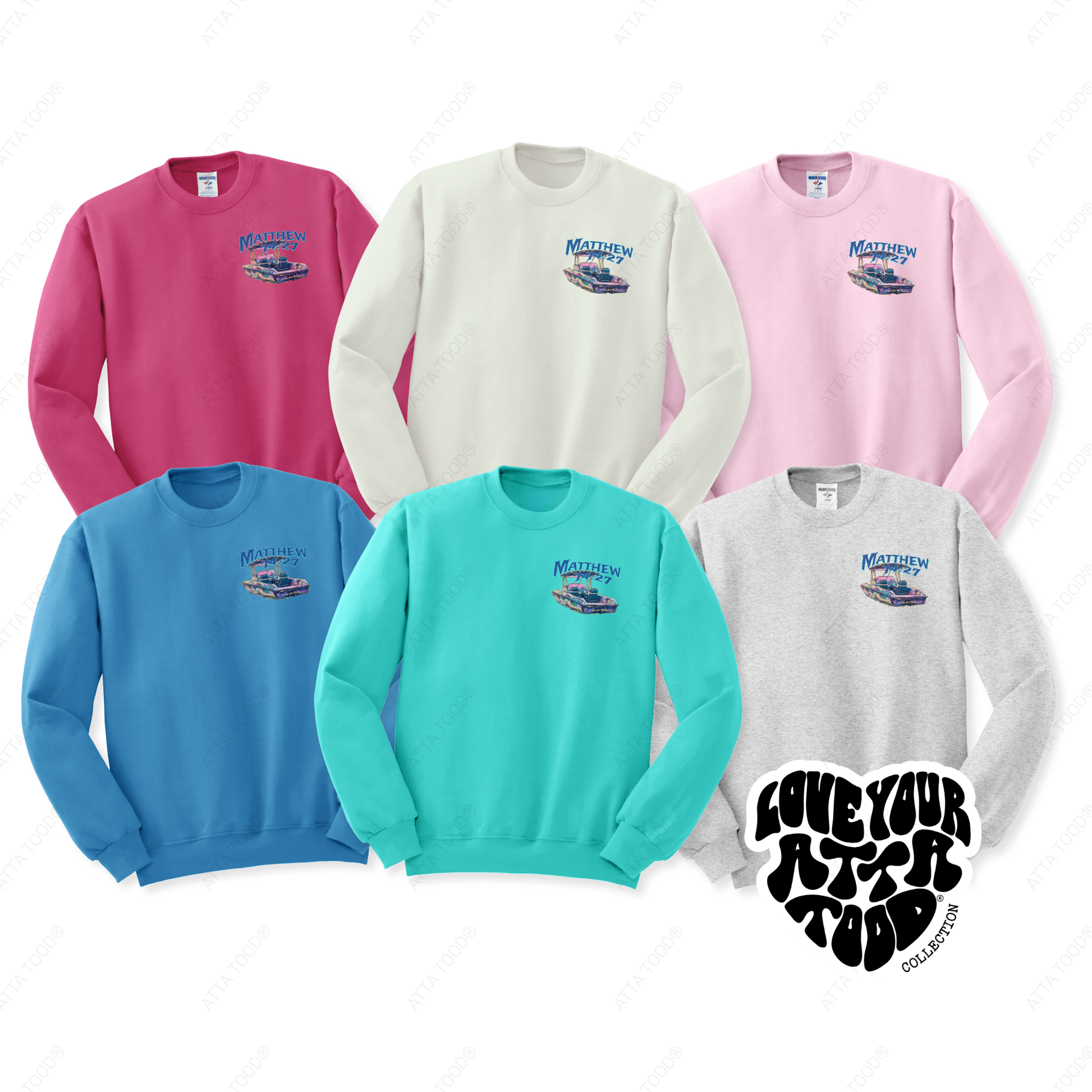 Set of colorful sweatshirts with a boat graphic and text on a white background.  He called me out onto the water bible scripture