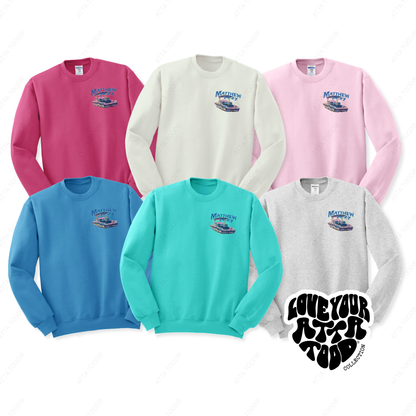 Set of colorful sweatshirts with a boat graphic and text on a white background.  He called me out onto the water bible scripture