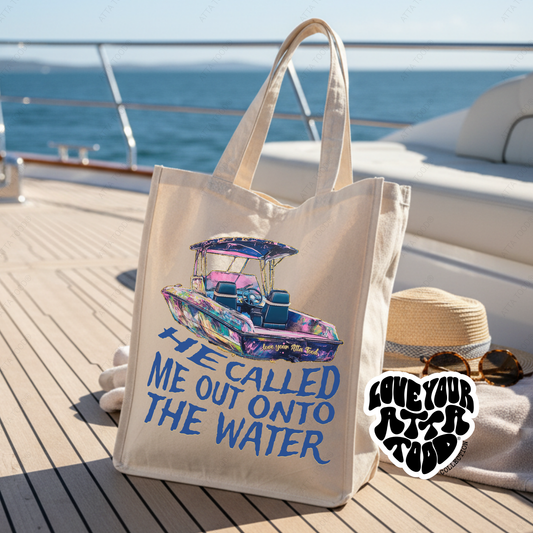 Tropical looking fishing boat with Love your ATTA TOOD on the back of the boat.  the bag says He called me out onto the water