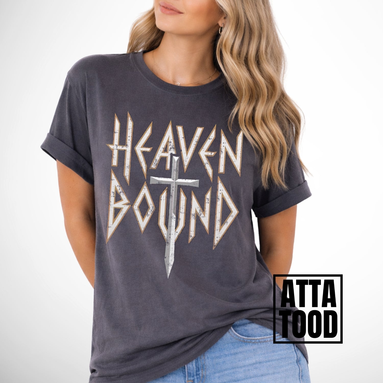Person wearing a dark gray t-shirt with 'Heaven Bound' design and 'ATTA TOOD' branding.