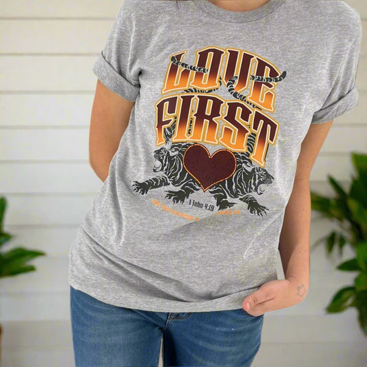 Love first biblical graphic t-shirt
