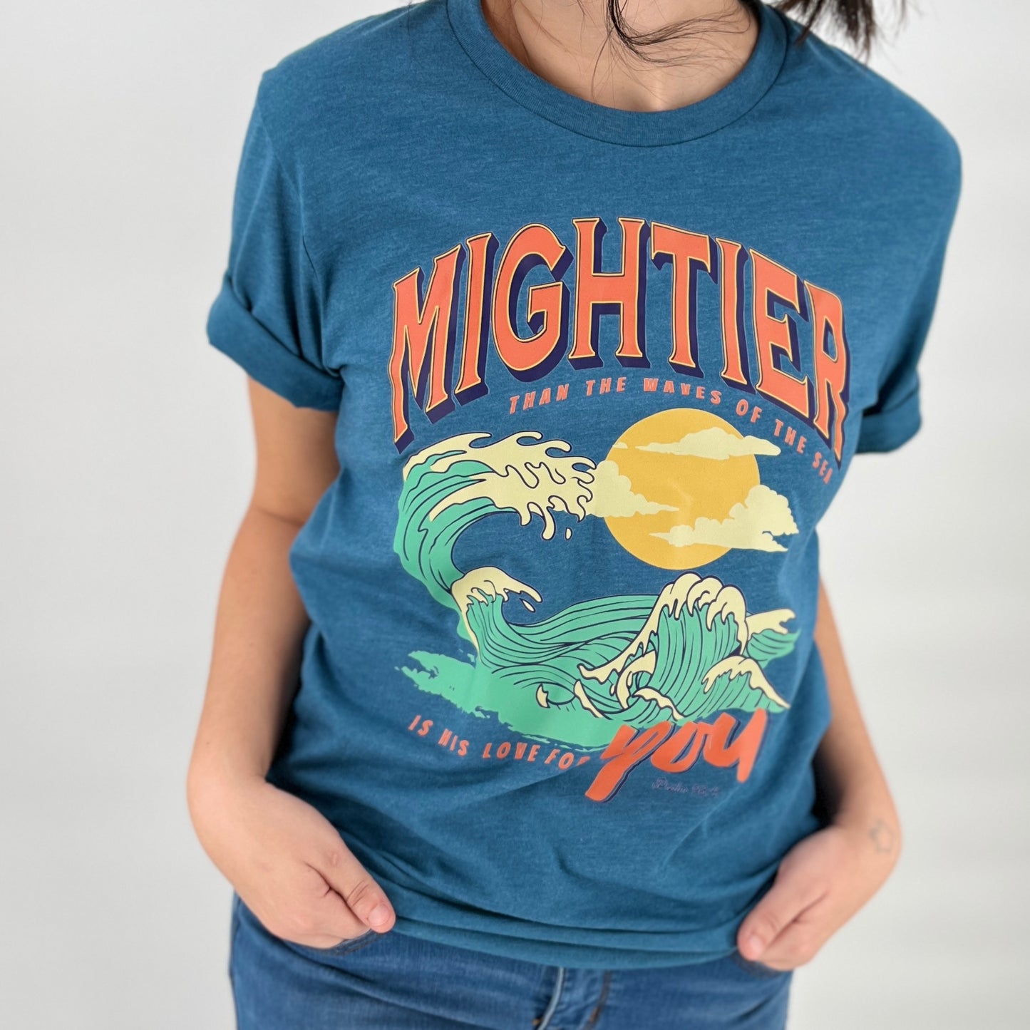 Mightier than the waves Christian unisex graphic t-shirt
