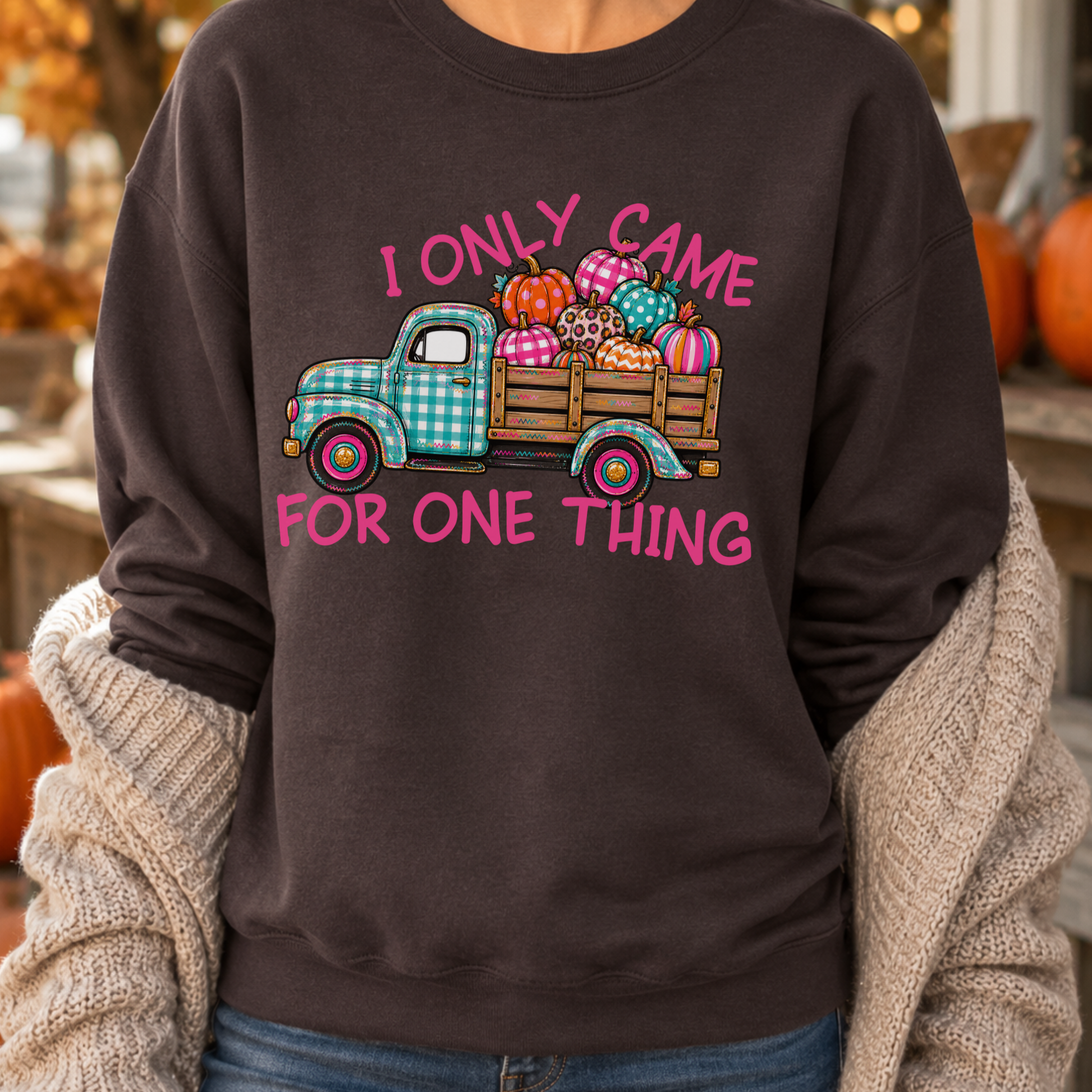 "I only came for one thing" Cute blue and white plaid old fashioned vintage truck carrying colorful plaid, striped, polka dot and leopard print pumpkins on a chocolate  color sweatshirt