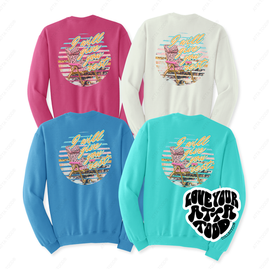 I will give you rest beach chair graphic sweatshirt.  Color pink, blue, sweet cream and scuba blue