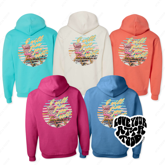 Five hoodies in different colors with a graphic design on the back.  design is of pink leopard print beach chair with I will give you rest saying