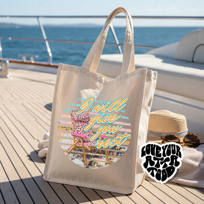 Jumbo tote bag the features a  pink leopard beach chair that says I will give you rest