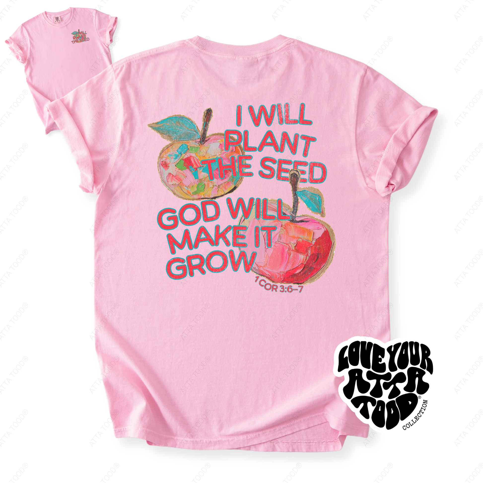 Apple-themed teacher graphic with faith message “I Will Plant the Seed God Will Make It Grow,” statement imagery with painted texture look, printed on a Comfort Colors® garment-dyed tee.