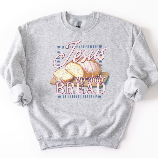 Ash sweatshirt with 'Jesus my daily BREAD' text and bread graphic on a white background
