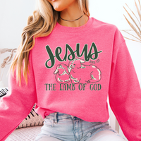 Jesus is the Lamb on a safety pink sweatshirt featuring pictures of two lambs