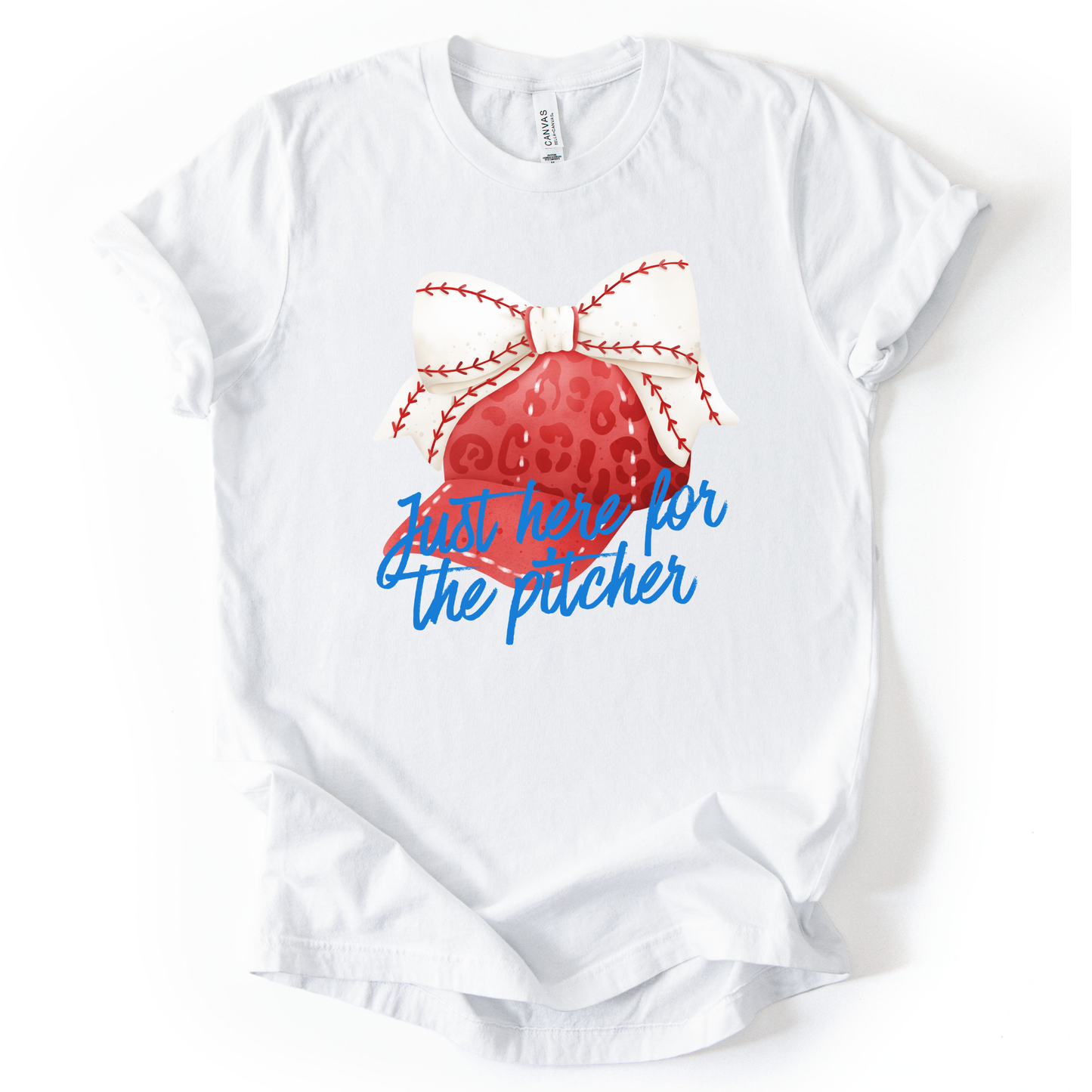 White t-shirt with a red baseball and blue text on a white background. Just here for the pitcher.  a white baseball ribbon is on the red hat