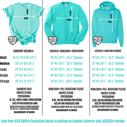 sizing chart for comfort colors t-shirts and Jerzee sweatshirts and hoodie