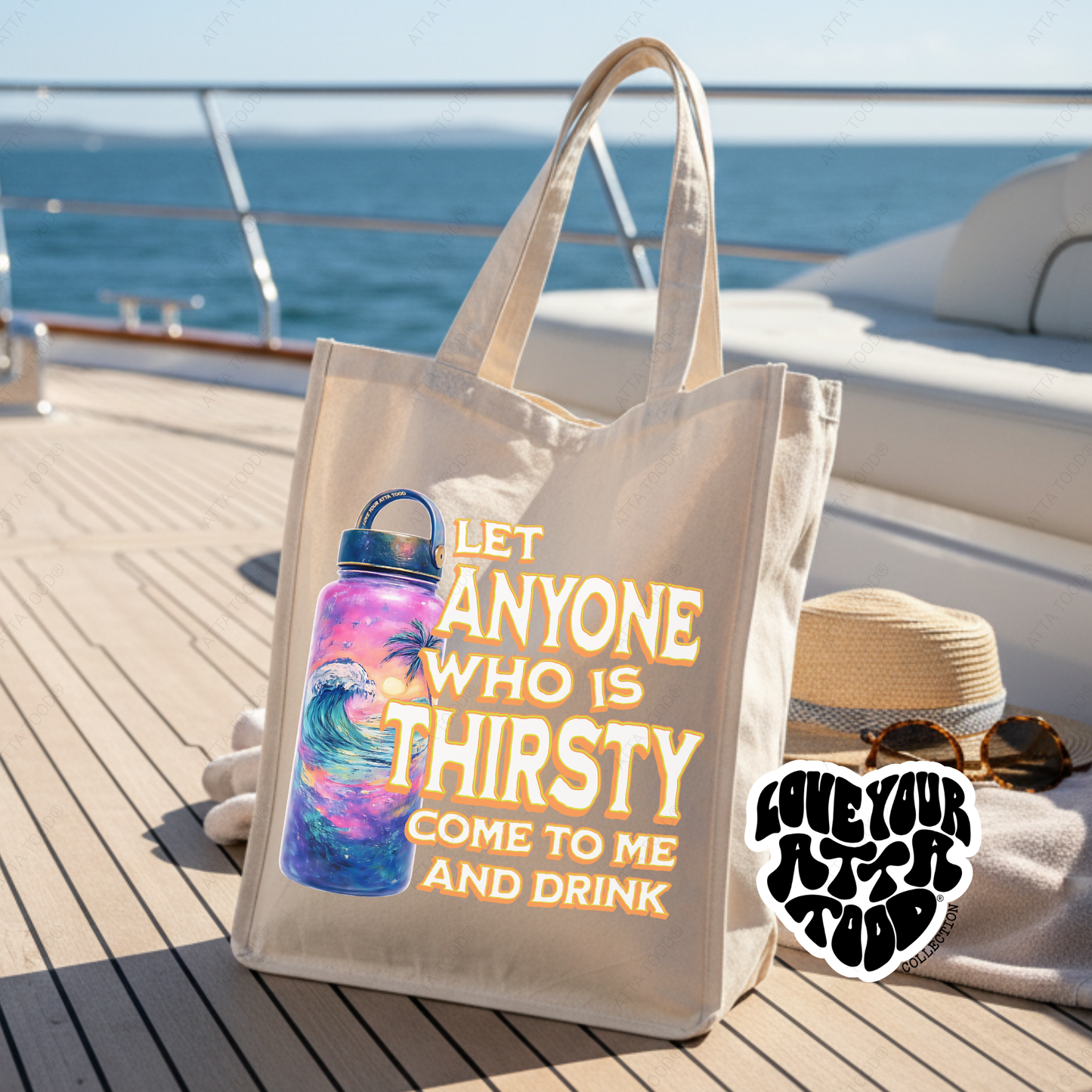 Let anyone who is thirsty come to me and drink 27L tote bag with a tropical waterbottle
