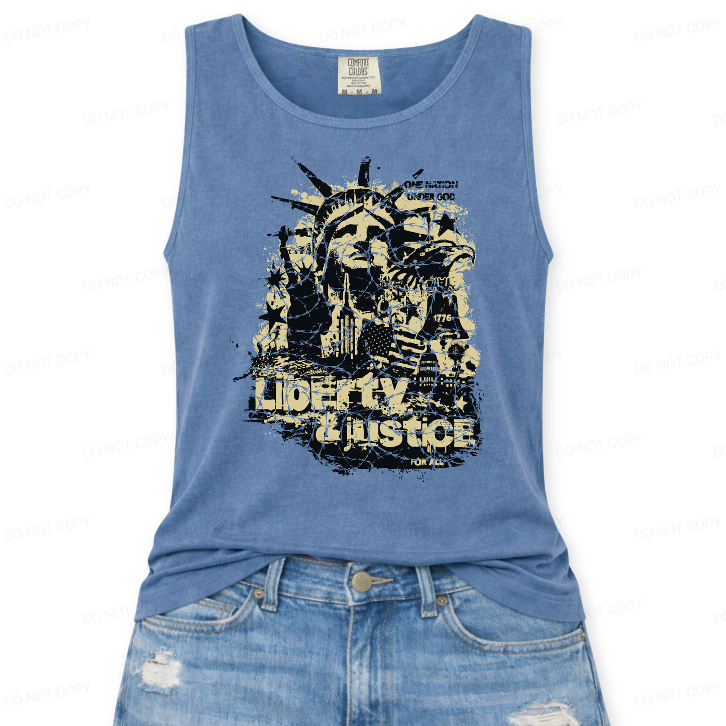 blue tank top with graphic design and text 'Liberty & Justice' on a white background