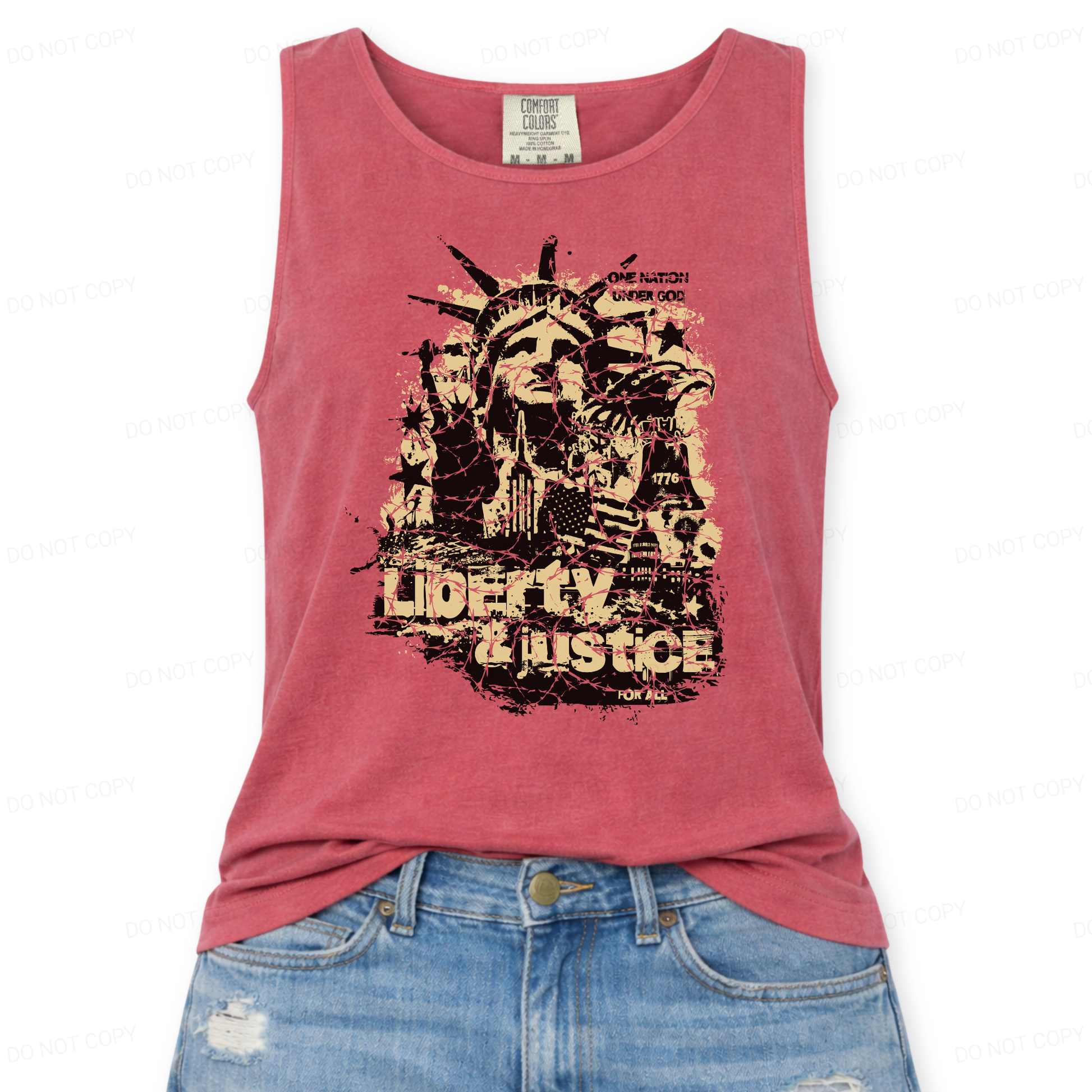 red tank top with graphic design and text 'Liberty & Justice' on a white background