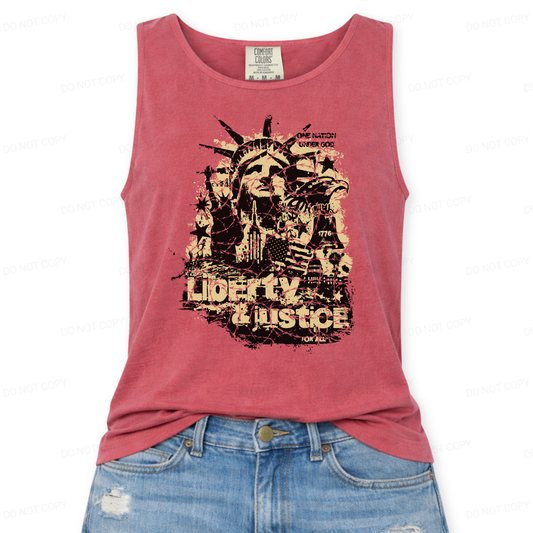 red tank top with graphic design and text 'Liberty & Justice' on a white background