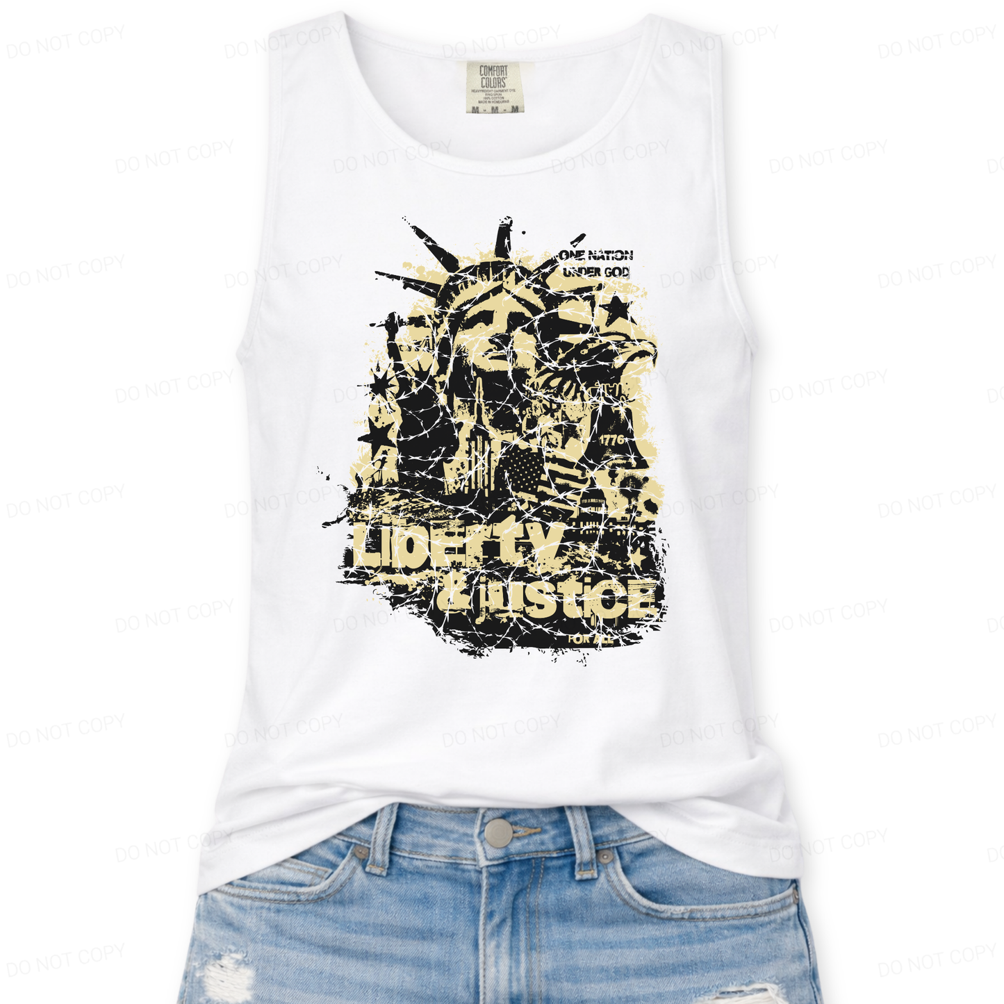 white tank top with graphic design and text 'Liberty & Justice' on a white background